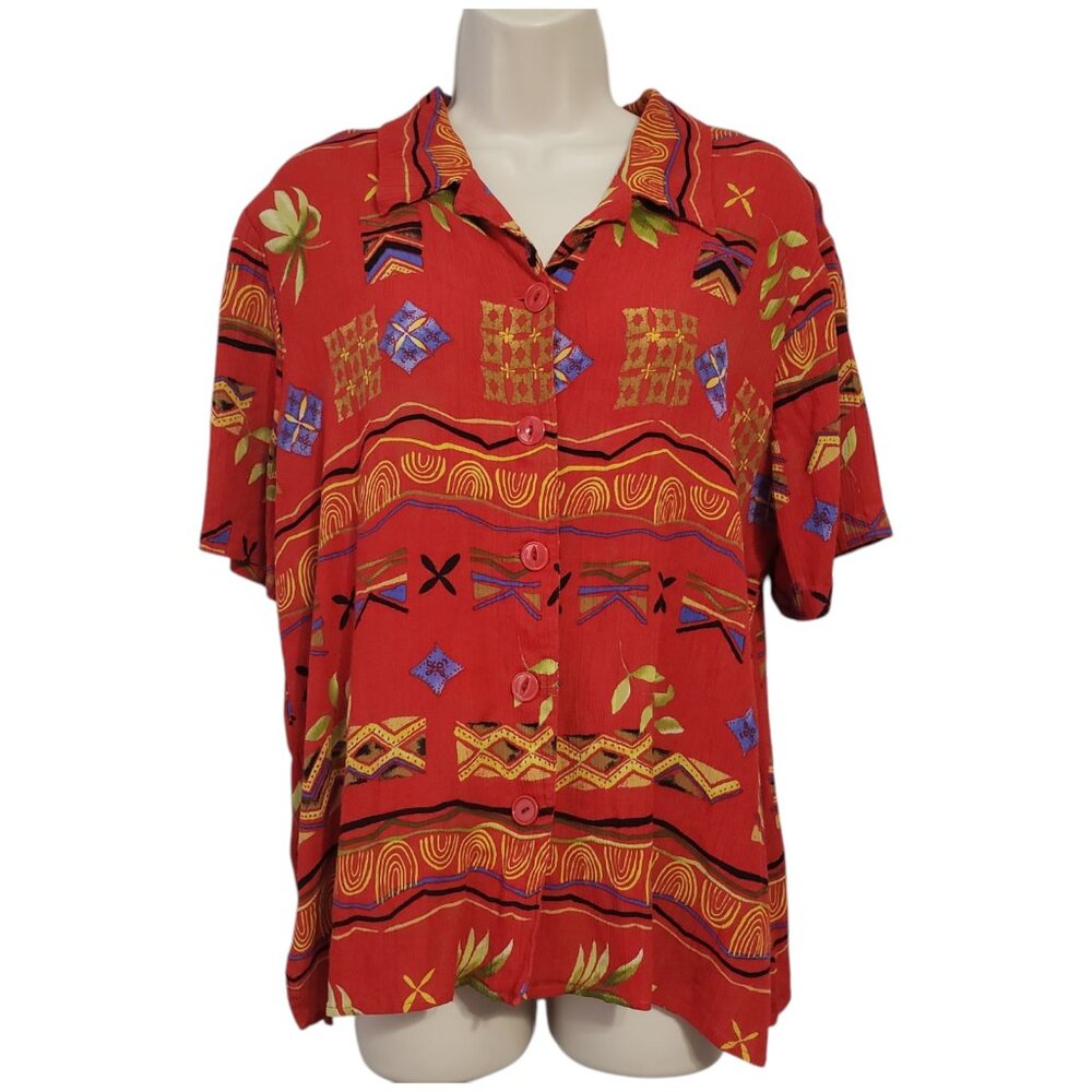 Vintage Lindsey Scott Sport Tribal Print Button Up Top L Red Short Sleeve Collar